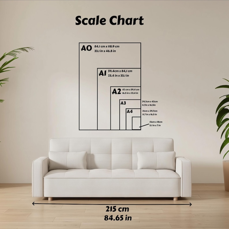 May include: A white sofa with two pillows is positioned below a wall-mounted scale chart. The chart displays the dimensions of paper sizes A0 through A4, with measurements in both centimeters and inches. The overall width of the sofa is 84.65 inches.
