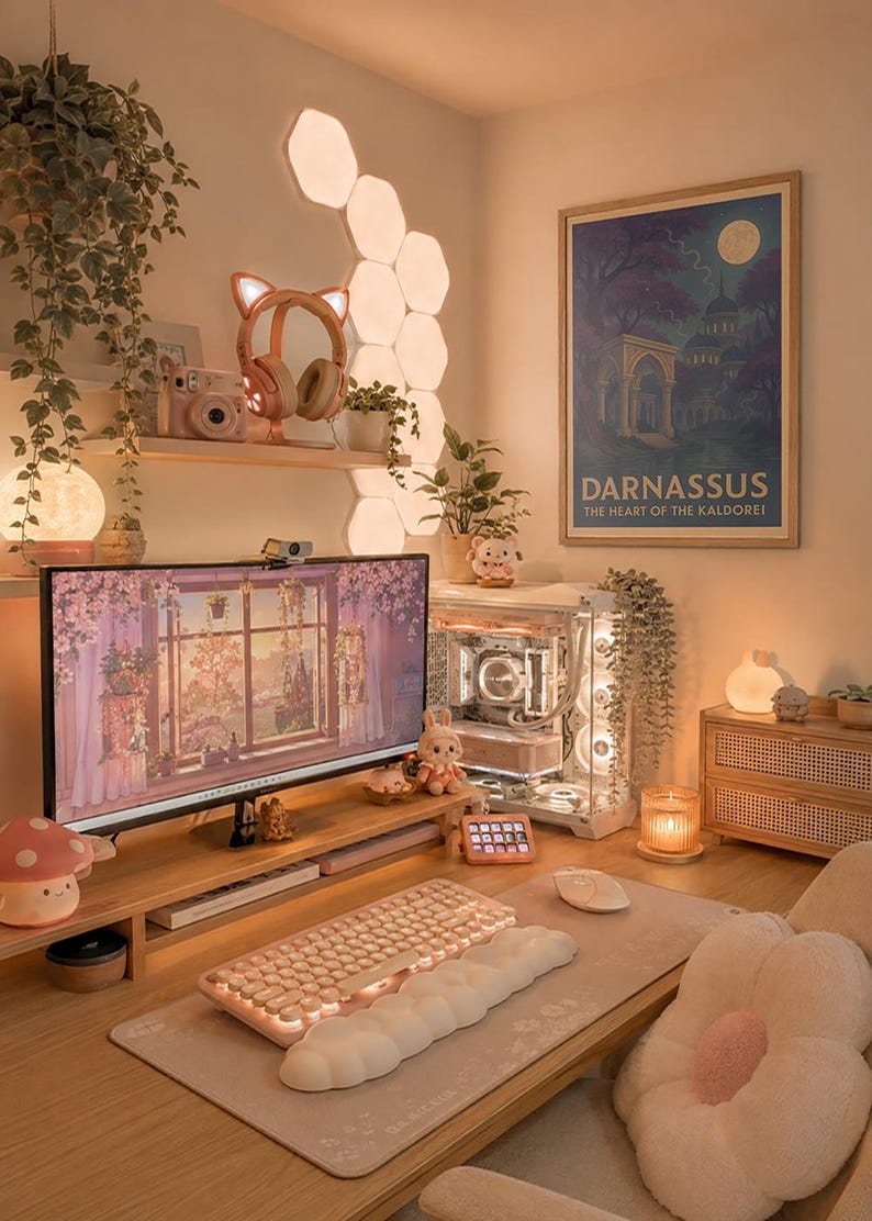 May include: A cozy, well-lit desk setup with a computer, keyboard, and mouse. The desk features a monitor displaying a floral scene, a pink keyboard, and a plush mousepad. Decorative elements include a mushroom lamp, plants, and a framed poster that reads "Darnassus".