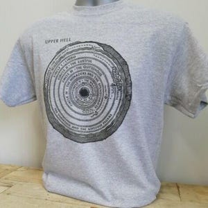 Puede incluir: Una camiseta gris claro con un diseño circular en blanco y negro que representa los círculos del "UPPER HELL", incluyendo "LIMBO" y "THE LUSTFUL". La camiseta es de manga corta.