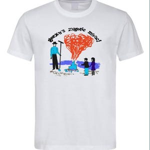 May include: White t-shirt with a graphic print of a cartoon man with a rake, a red cloud, and two children. The text "Borky's Zygotic Mynci" is printed in black.