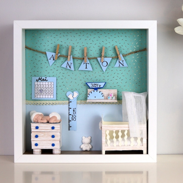 Geschenk zur Geburt für Junge - Babyzimmer Design, Personalisiertes Baby Geschenk, Taufgeschenk, 3D Bilderrahmen