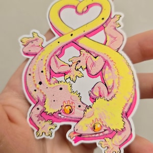 Può includere: Un adesivo con due gechi stilizzati intrecciati a forma di cuore. I gechi sono rosa con dettagli gialli e punti neri. Il cuore è delineato in rosa e riempito di giallo.