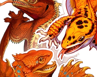 Dragon lizard stickers, volume 1: Crested gecko, Leopard gecko, Bearded dragon.