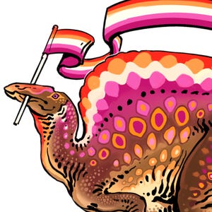 May include: Illustration of a dinosaur with a colorful, patterned body and a flag with the colors of the lesbian pride flag. The dinosaur is holding a small flag and has a ribbon with the same colors.