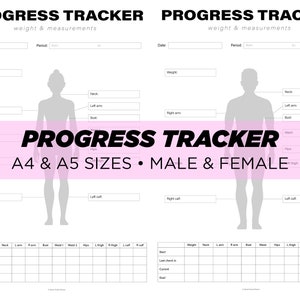 Op de afbeelding: Een printbare voortgangsmeter om gewicht en metingen bij te houden. De meter bevat een lichaamsschets met labels voor verschillende lichaamsdelen en een tabel om metingen in de loop van de tijd te registreren. De meter is beschikbaar in A4 en A5 formaat en is geschikt voor zowel mannen als vrouwen.