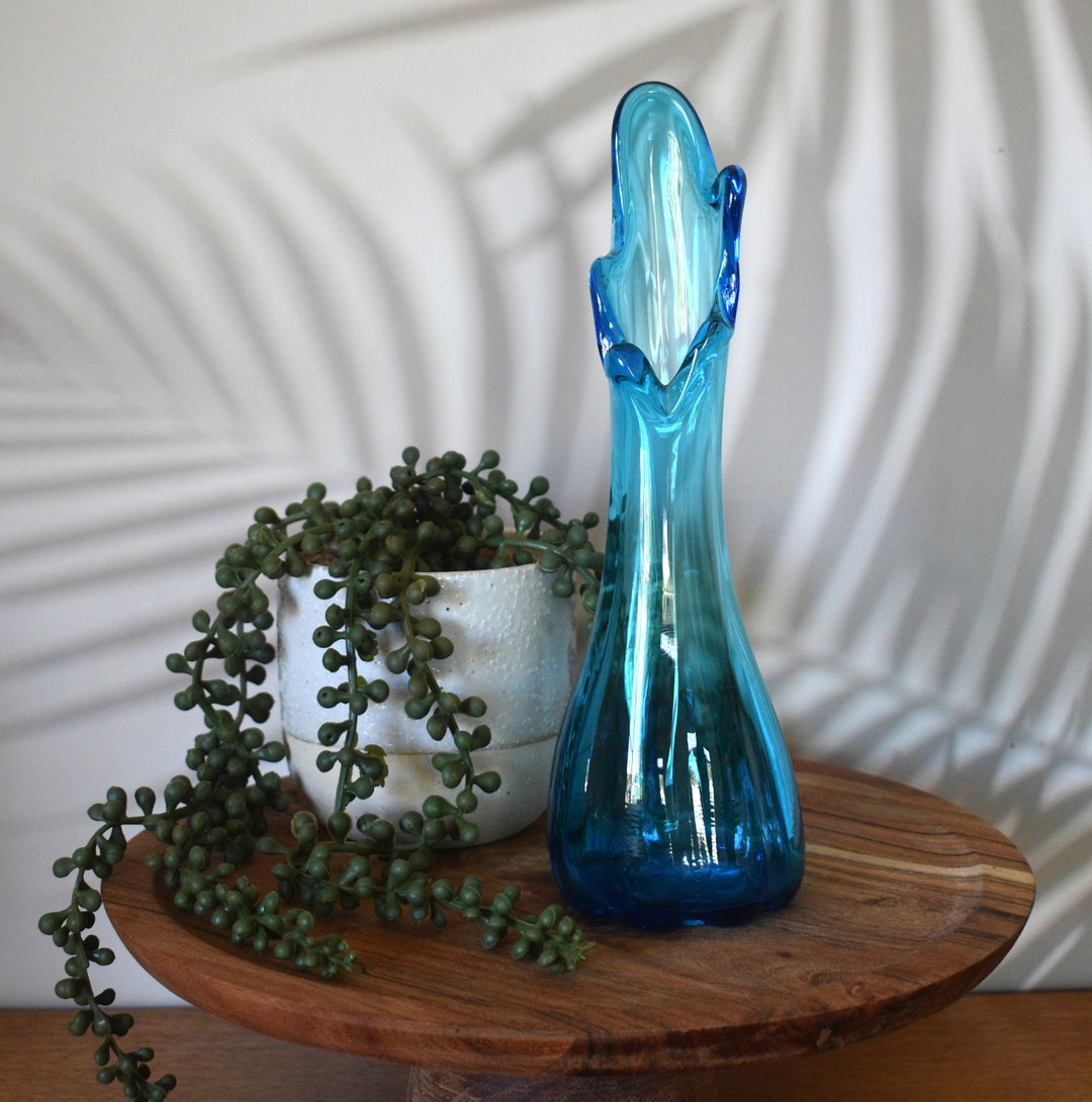 Vintage Blue Glass Swung Vase. Mid Century Five Finger Art Glass