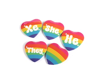 Rainbow Heart Pronoun Button Pin - 2 Inch