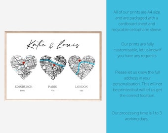 Personalized Met Engaged Married Map Print, A4 Anniversary Gift