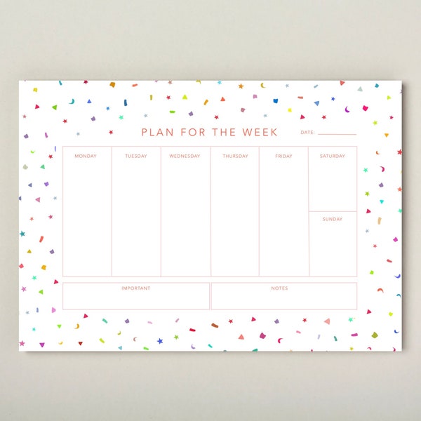 A4 Weekly Planner Desk Pad, Confetti, To Do List, Weekly Organiser, Meal Planner, 50 tear off sheet notepad