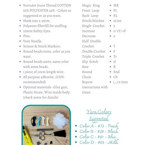 May include: Materials and instructions for crocheting a spider amigurumi toy. The image shows yarn, beads, a crochet hook, scissors, safety eyes, stuffing, glue, and wire. The yarn colours suggested are peach, black, blue, milk, and beige.
