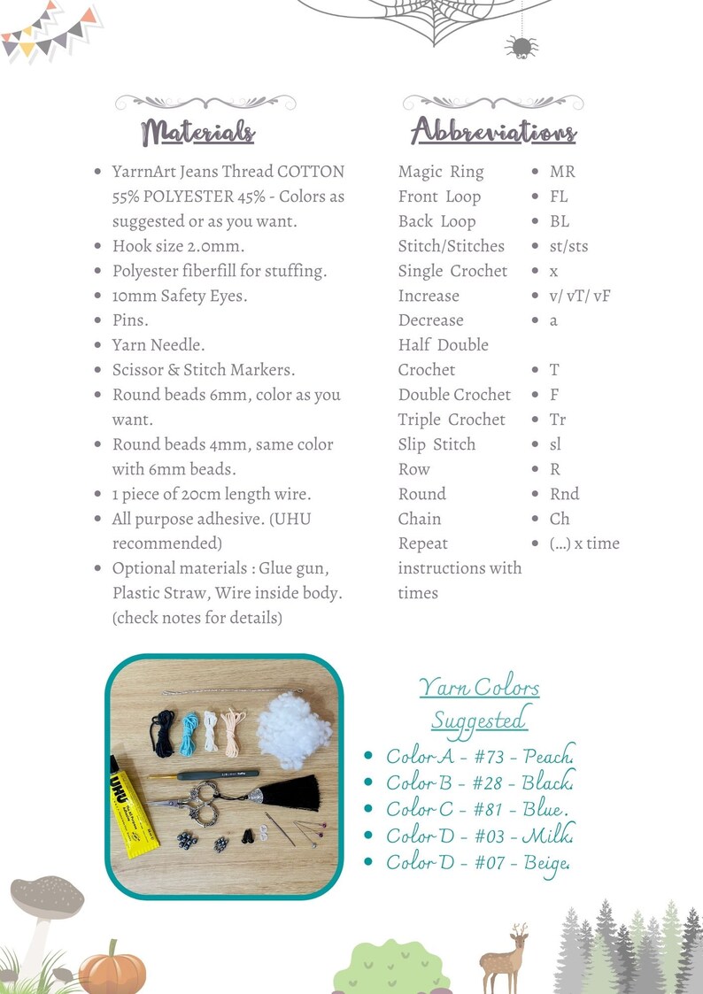 May include: Materials and instructions for crocheting a spider amigurumi toy. The image shows yarn, beads, a crochet hook, scissors, safety eyes, stuffing, glue, and wire. The yarn colours suggested are peach, black, blue, milk, and beige.
