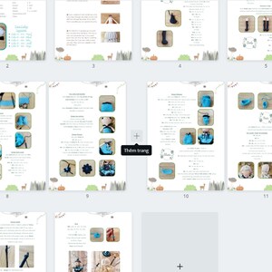 May include: A crochet pattern booklet with 12 pages showing instructions for making a doll with blue and white clothing. The booklet has a white background with a brown and green woodland pattern. The pages are numbered 1 through 12.