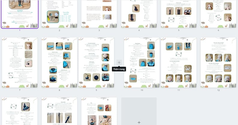 May include: A crochet pattern booklet with 12 pages showing instructions for making a doll with blue and white clothing. The booklet has a white background with a brown and green woodland pattern. The pages are numbered 1 through 12.