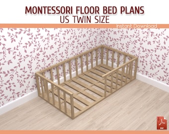 Montessori Toddler Floor Bed With Rails Plan - DIY US Twin Size Wooden Floor Bed Frame Plan - Download PDF