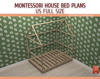 Montessori Toddler House Bed Plans - DIY Full Size Wooden Floor House Bed Frame Plan with Rails - Download PDF