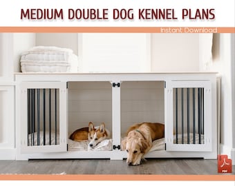 Double Dog Kennel Building Plans - Wooden  Medium Size Dog Crate Furniture Plans, Dog Kennel Furniture - Download PDF