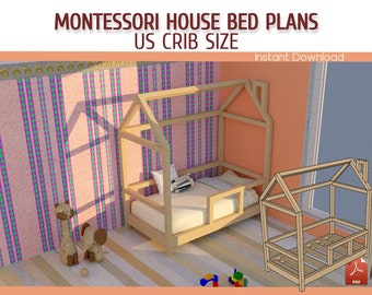 Montessori House Bed Plans - DIY Crib Size Wooden Floor House Bed with Rails Plan for Kids - Download PDF
