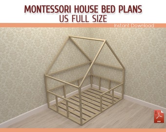 Montessori Toddler House Bed with Rails Plan Full Size - DIY Wooden Floor House Bed Frame Plan For Kids - Download PDF