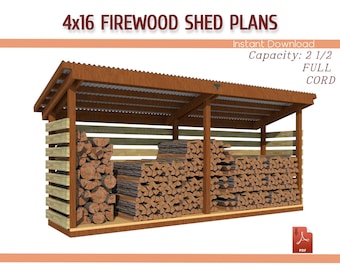 4x16 Firewood Shed Plans - DIY Wooden Shed for Firewood Plan - Download PDF