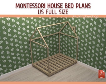 Montessori Toddler House Bed Frame Plan - DIY Full Size Wooden Floor House Bed Frame Plan For Kids - Download PDF