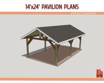 14x24 Gable Pavilion Building Plans, DIY Wooden Pavilion - Download Priantable PDF