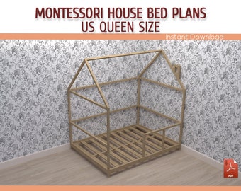 Montessori Toddler House Bed Plan, DIY Queen Size Wooden Floor House Bed Frame Plan for Kids - Download PDF