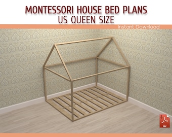 Montessori Toddler House Bed Plan - DIY Queen Size Wooden Floor House Bed Frame Plan - Download PDF