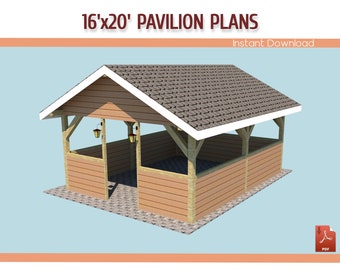 16x20 パビリオンの設計図（ハーフウォール付き）｜屋外ガゼボスタイルのパビリオン木工DIY - PDF