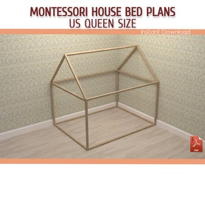 Montessori Toddler House Bed Plan - DIY Queen Size Wooden Floor House Bed Frame Plan - Download PDF