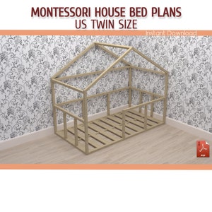 Twin Size Toddler House Bed Plans - Full Size Montessori Wooden Floor House Bed Frame Plan with Rails - Download PDF