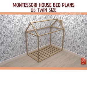 Montessori Bed - Twin Size  Toddler House Bed Plan - DIY Wooden Floor House Bed Frame Plan - Download PDF