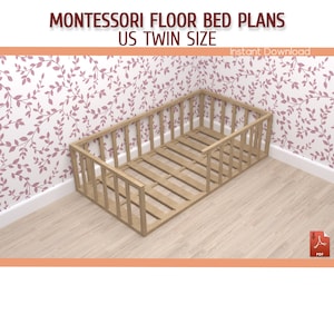 Montessori Toddler Floor Bed With Rails Plan - DIY US Twin Size Wooden Floor Bed Frame Plans - Download PDF