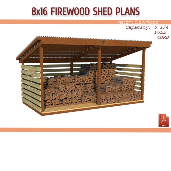 8x16 Firewood Shed Plans - DIY Firewood Shed Build Plan  - Download PDF
