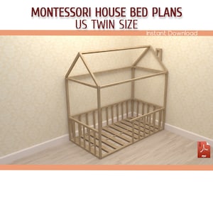 Twin Size Montessori Toddler House Bed With Rails Plans - DIY Twin Size Wooden Floor House Bed Frame Plan - Download PDF