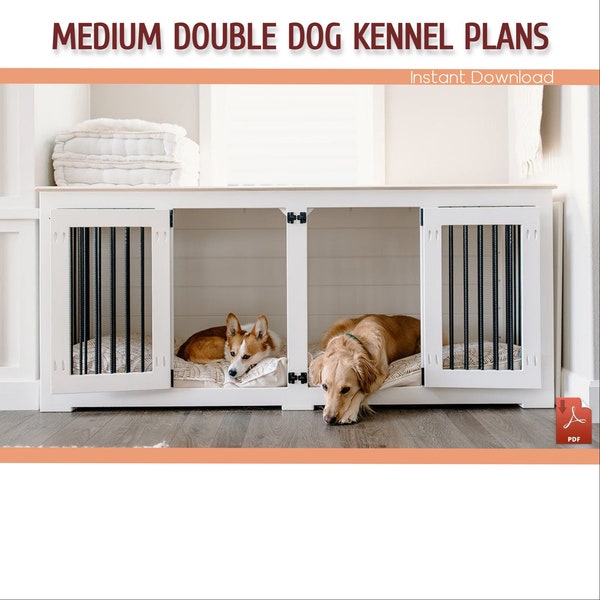 Double Dog Kennel Building Plans - Wooden  Medium Size Dog Crate Furniture Plans, Dog Kennel Furniture - Download PDF