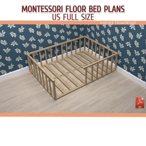 Montessori Floor Bed with Rails Plan for Toddler - DIY Full Size Wooden Floor Bed Frame Plan - Download PDF