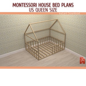 Montessori Toddler House Bed with Rails Plans - DIY Queen Size Wooden Floor House Bed Frame Plan - Download PDF