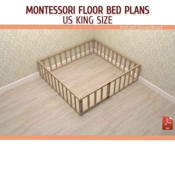 King Size Montessori Toddler Floor Bed with Rails DIY Plans - King Size Wooden Floor Bed Frame Plan - Download PDF