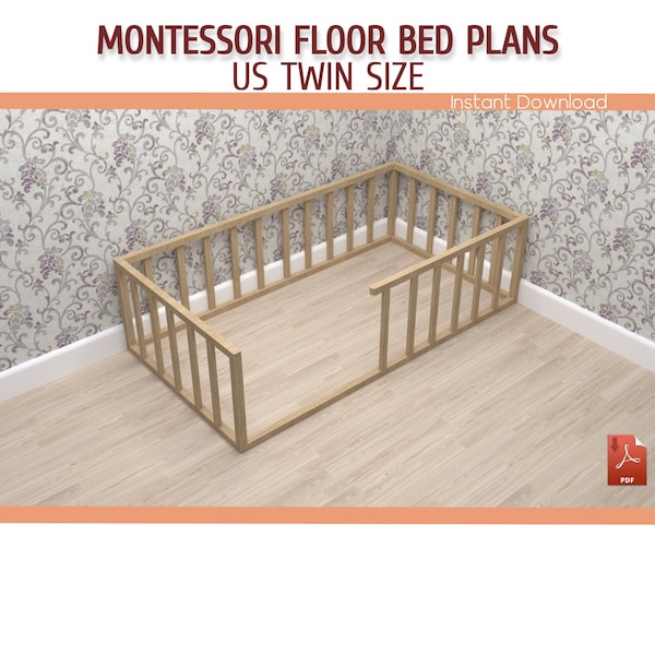 Montessori Toddler Floor Bed With Slats Plan - DIY Twin Size Wooden Bed Frame Plan Kids Bedroom - Download PDF