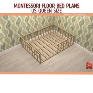 Montessori Toddler Floor Bed With Rails Plan - DIY Queen Size Wooden Floor Bed Frame Plan for Kids Room - Download PDF