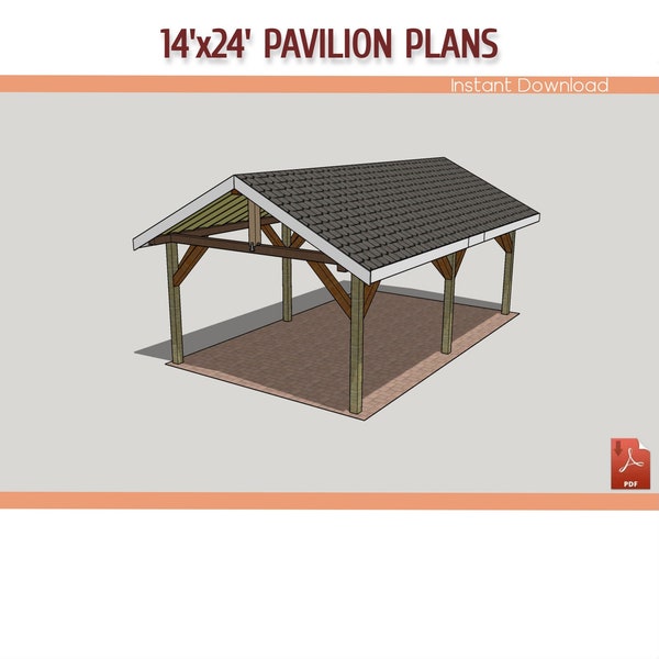 14x24 Gable Pavilion Building Plans, DIY Wooden Pavilion - Download Priantable PDF