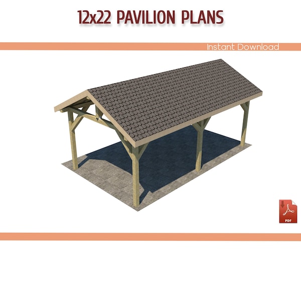 12x22 Gable Pavilion Plans - 12'x22' Pavilion Building Plans - DIY 12x22 Wooden Carport Plans - Download Priantable PDF