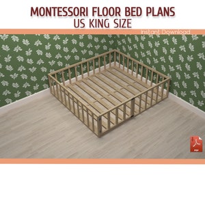 King Size Montessori Floor Bed with Slats Plan - DIY King Size Wooden Floor Bed Frame Plan - Download PDF