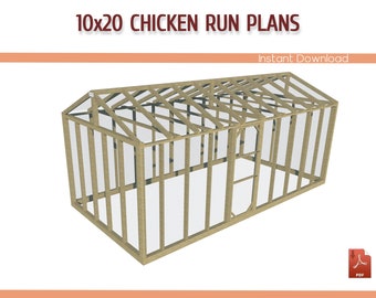 10x20 Large Chicken Coop Run Plans - DIY 10x20 Walk-in Chicken Run Building Plans, Large Chicken Run Plans - Download PDF