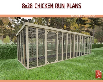 May include: A wooden chicken coop with a wire mesh enclosure. The coop is 8 feet by 28 feet and is designed for chickens. The plans for this coop are available for instant download.
