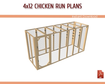 4x12 Chicken Coop Run Building Plans,  DIY Walk-in Chicken Run Plans - 12x4 Chicken Run Building Plans - Download PDF