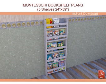 Montessori Bookcase Plans 24"x59" - DIY Wooden Bookshelf Plan for Kids, Kids Room Bookshelf Plans - Download PDF