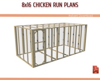 8x16 Large Chicken Coop Run DIY Plans - 8x16 Chicken Run Building Plans, Walk-in Chicken Run Plans - Download PDF