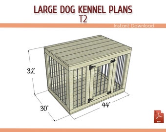 May include: A 3D rendering of a wooden dog kennel with a metal door. The kennel is 32 inches tall, 30 inches wide, and 44 inches long. The plans are available for instant download.