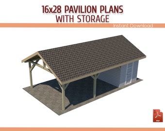 16'X28' Gable Pavilion with Storage Building Plans, DIY 16x28 Wooden Pavilion, Carport with Warehouse Plans - Download Priantable PDF